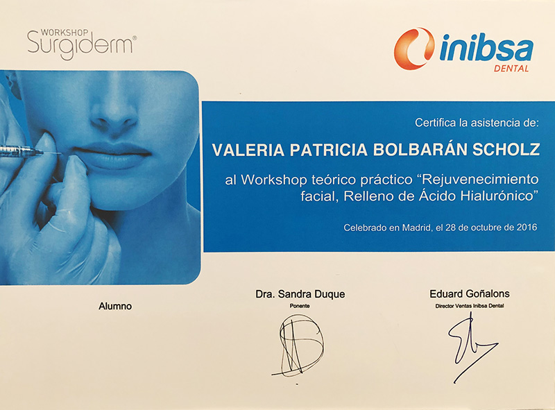 Imagen de título de surgiderm por curso recibido por personal de Clínica Dental Valeria Bolbarán. Ácido hialurónico.